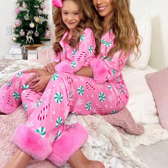 MOMMY & ME Peppermint Candy Dream Furry Pajama Set Matching Christmas PJS SMALL - Picture 1 of 10